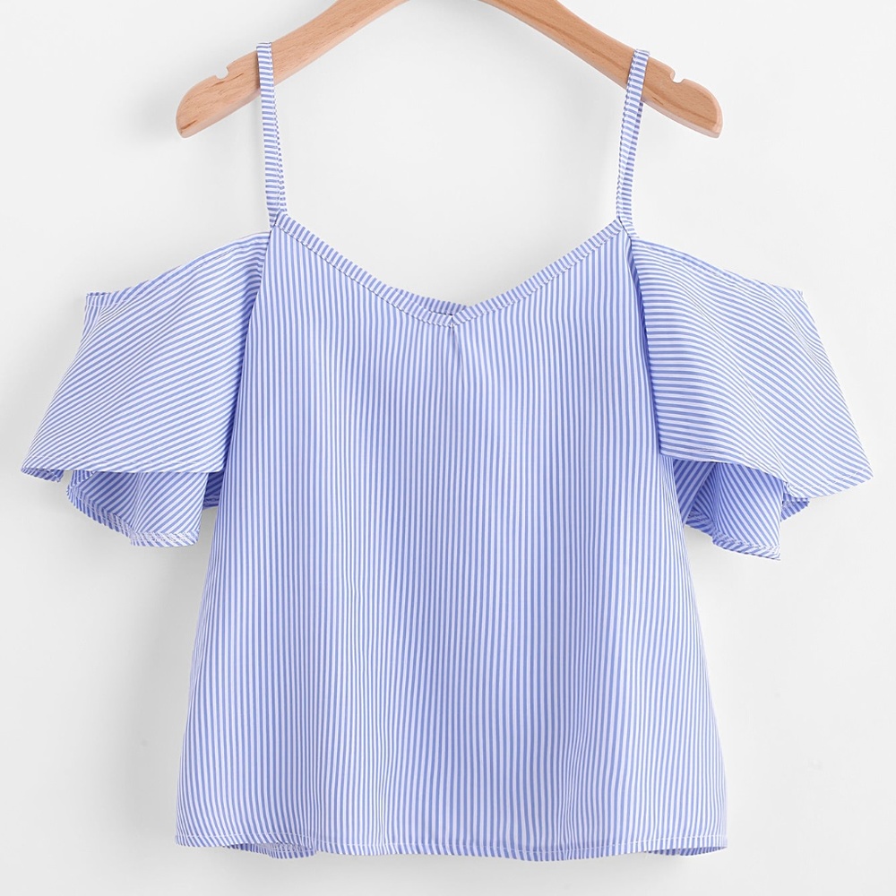 Pinstripe Cold Shoulder Top